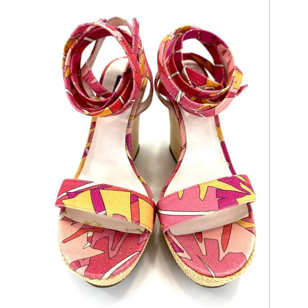 Emilio Pucci Vintage Y2K Wedge Sandal Size 10/40 Pink Multicolor Designer Italy